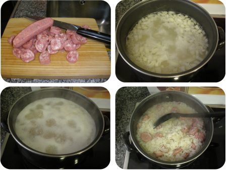 cortar chouriço, cozer com arroz e cebola